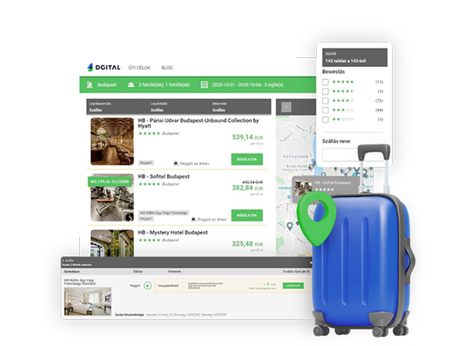 Hotel reservation website and blue travel bag graphic